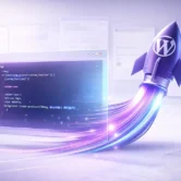 Bespoke WordPress Code & Speed Custom WordPress development showing clean PHP code and rocket boost for high performance and speed
