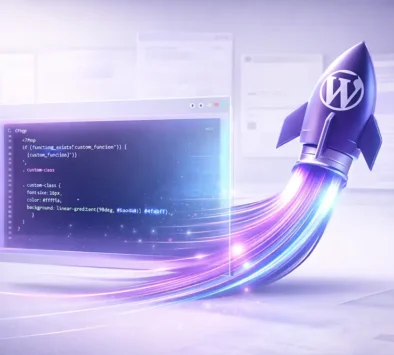 Bespoke WordPress Code & Speed Custom WordPress development showing clean PHP code and rocket boost for high performance and speed