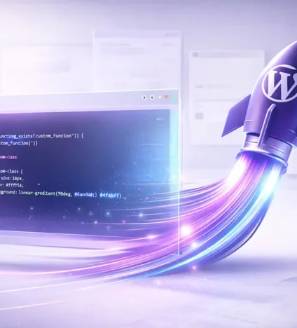 Bespoke WordPress Code & Speed Custom WordPress development showing clean PHP code and rocket boost for high performance and speed