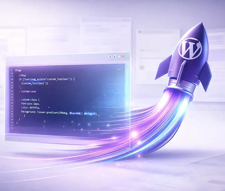 Bespoke WordPress Code & Speed Custom WordPress development showing clean PHP code and rocket boost for high performance and speed