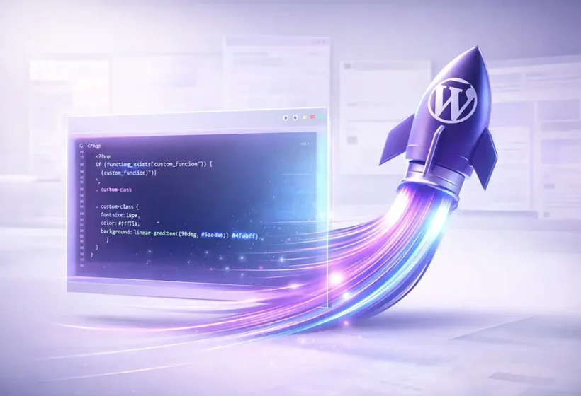 Bespoke WordPress Code & Speed Custom WordPress development showing clean PHP code and rocket boost for high performance and speed