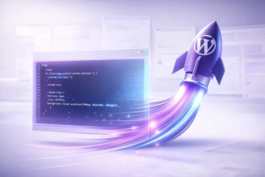 Bespoke WordPress Code & Speed Custom WordPress development showing clean PHP code and rocket boost for high performance and speed