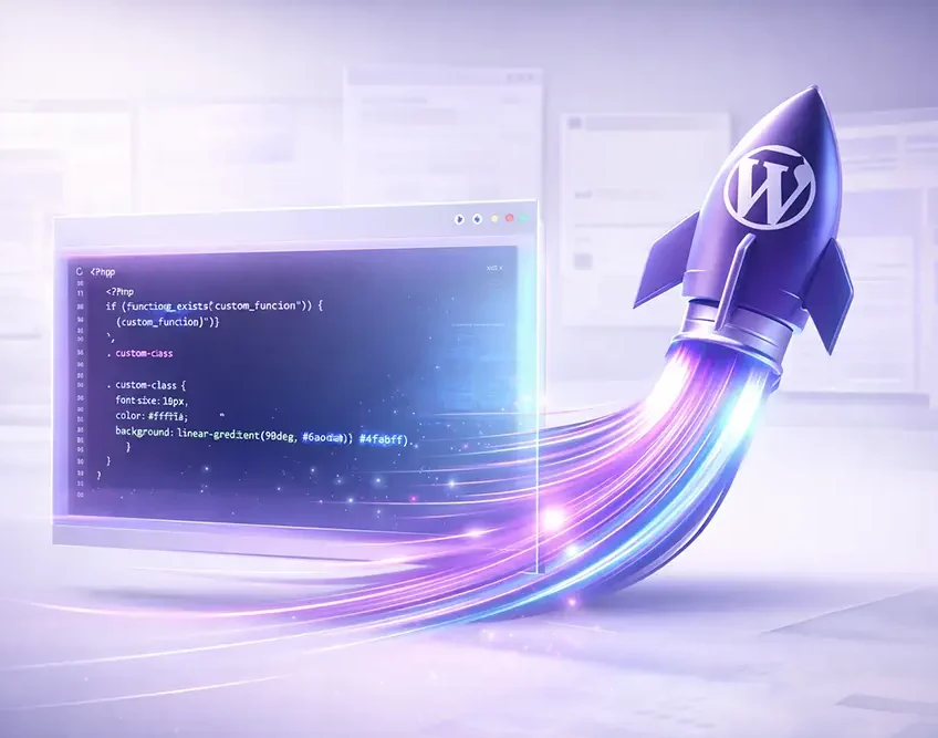 Bespoke WordPress Code & Speed Custom WordPress development showing clean PHP code and rocket boost for high performance and speed