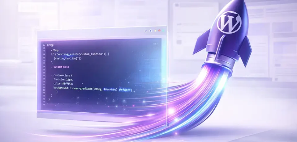 Bespoke WordPress Code & Speed Custom WordPress development showing clean PHP code and rocket boost for high performance and speed