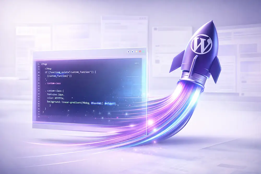 Custom WordPress development showing clean PHP code and rocket boost for high performance and speed